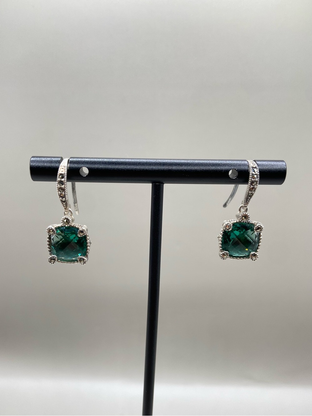 Marc Thailand Designer Sterling Silver Marcasite Teal Green Gemstone Earrings